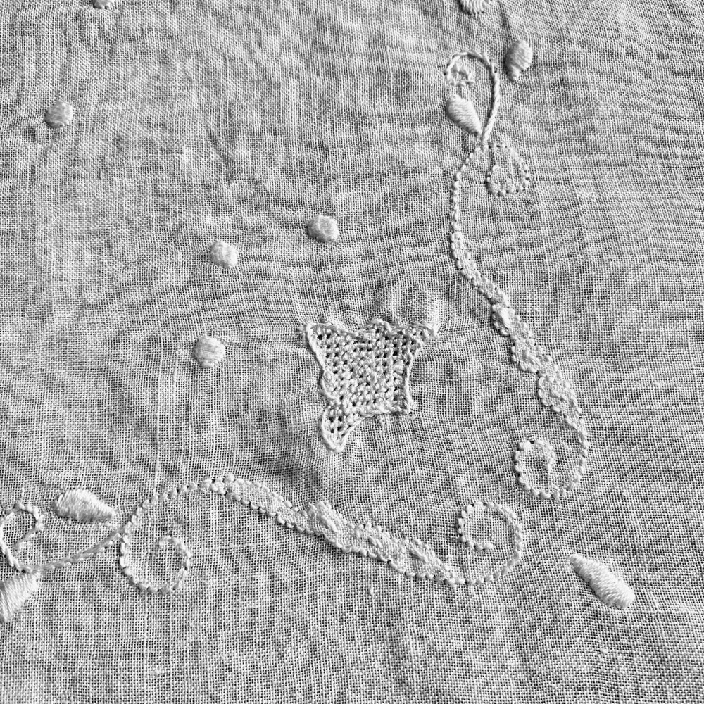 Hand Embroidered White Linen Tablecloth 40” Square European Openwork Hem Vintage